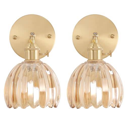 Shenmoyl Vintage Wall Sconces Set of 2 with Amber Tulip Glass Lampshade 180 Degree Adjustable Brass Sconces Hradwired Modern Wall Lighting Fixture with Switch for Bedside Bedroom Doorway