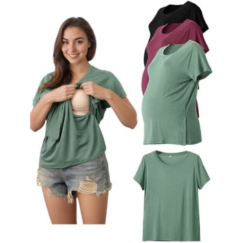 Rnxrbb Hidden Summer Nursing Tops for Breastfeeding Short Sleeve Maternity Nursing T Shirts Clothes 3 Pack Double Layer