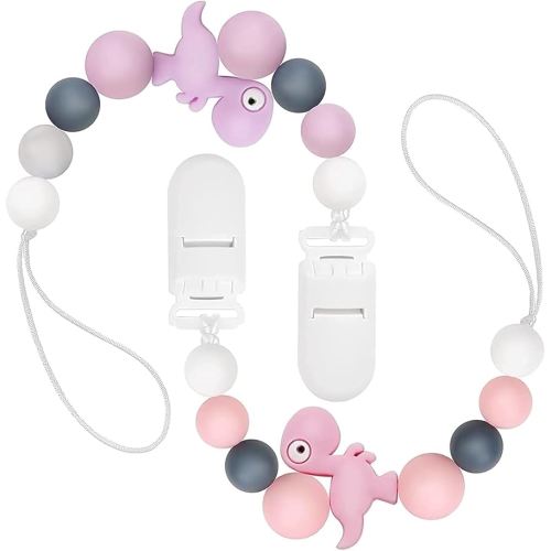 2 Pack Pacifier Clips Silicone Teething Beads Teether Toys for Baby Boys Girls Newborn, Dinosaur Soother Binky Clips Baby Shower and Baby Gift (Pink&Purple)