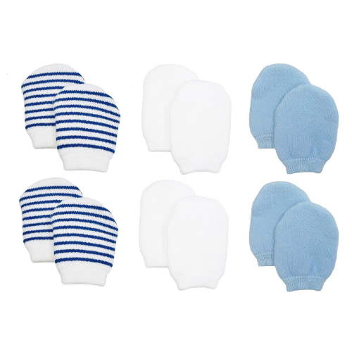 Newborn Baby Boy No Scratch Cotton Mittens Variety Pack (Includes 2 Pairs White, 2 Pairs Blue, 2 Pairs Blue Stripes)