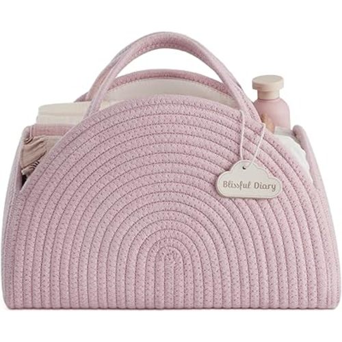 Blissful Diary Baby Diaper Caddy Organizer, Cotton Rope Diaper Caddy Basket, Large Storage Basket for Newborn Boys and Girls, Gift for Baby Shower List, Newborn Essentials, Light Pink