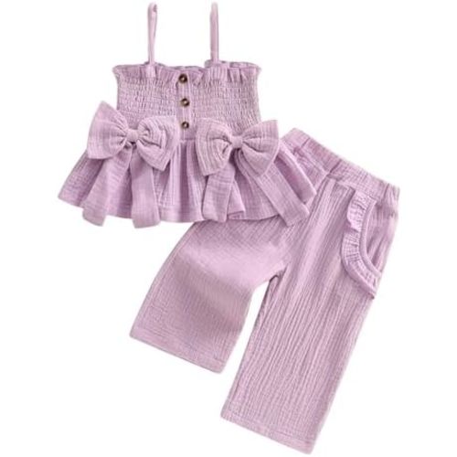 Toddler Baby Girl Clothes Tie-Up Strap Ruffle Camisole Tops Linen Pants Set Little Girls Summer Outfits