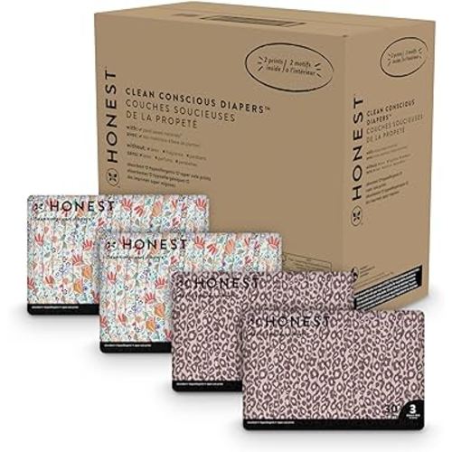 The Honest Company Clean Conscious Diapers | Plant-Based, Sustainable | Wild Thang + Flower Power | Super Club Box, Size 3 (16-28 lbs), 120 Count
