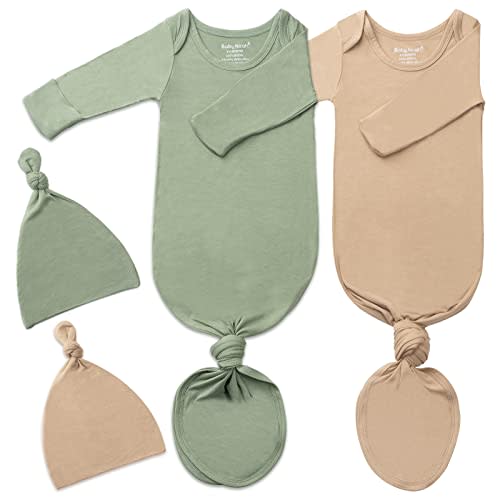 2Pk Newborn Baby Knotted Gown, Super Soft Silky Infant Long Sleeve Sleeper for Baby Sleeping with Hat or Headband (2 Packs)