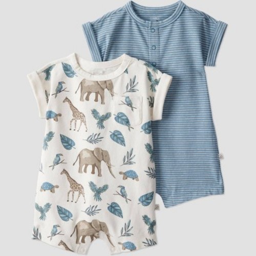 Little Planet by Carter's Organic Baby 2pk Romper - 3M: Short Sleeve, Crotch Snap, Stripe & Jungle Animals, Front Pocket