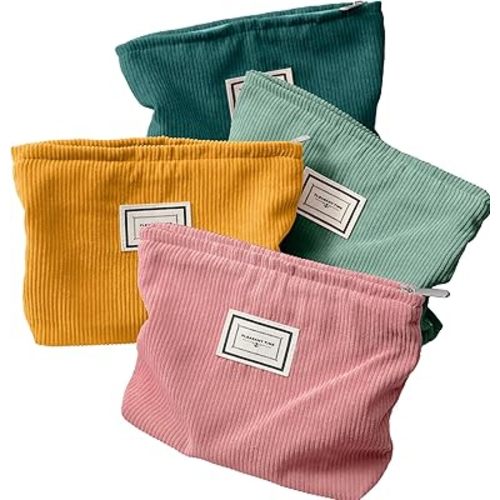 Sanwuta 4 Pack Velvet Makeup Bag Cosmetic Bag for Women Large Capacity Corduroy Pouch Zipper Canvas Travel Toiletry Purse Make up Organizer Case Accessories(Retro Color,Plaid)