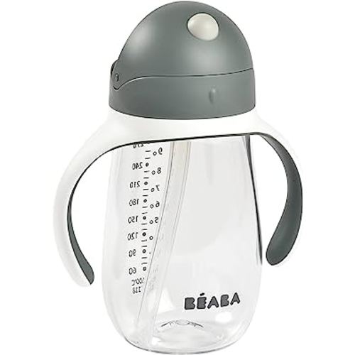 Beaba Straw Sippy Cup, Sippy Cup with Removable Handles, Sippy Cup with Straw, Baby Straw Cup, Toddler Cup, Toddler Straw Cups, 8+ months, 10 oz, Charcoal