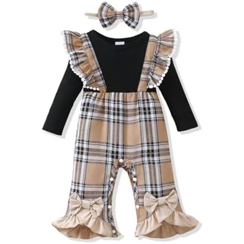 Renotemy Newborn Baby Girl Clothes Fall Winter Outfit Ribbed Romper Plaid Overalls Jumpsuit Infant Girl Outfits 0-18 Months
