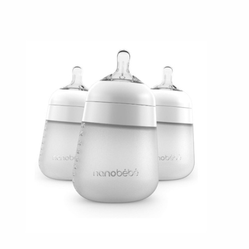 Nanobebe Flexy Silicone Baby Bottle, Anti-Colic, Natural Feel, Non-Collapsing Nipple, Non-Tip Stable Base, Easy to Clean, 3-Pack, White, 9oz