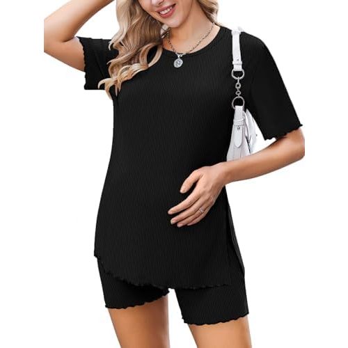 Ekoauer Women 2 Piece Maternity Pajamas Set Lightweight Pregnancy Outfit Ribbed Knit Postpartum Loungewear Set with Pocket