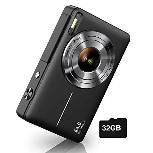 Digital Camera, Camkory FHD 1080P Kids Camera 44MP Point and Shoot Digital Cameras with 32GB SD Card, 16X Zoom, Two Batteries, Lanyard, Compact Small Camera for Kids Boys Girls