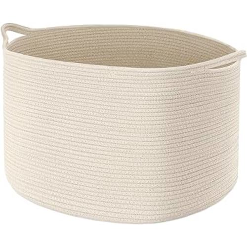 Maliton Extra Large Blanket Basket Bin, Woven Cotton Rope Basket for Toys Towels, Pillow Basket with Handles, 22" x 22" x 14" Nursery Laundry Basket, Big Toy Basket, White Rope Baskets for Storage