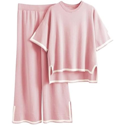 Tanming Sweater Sets Women 2 Piece Lounge Sets Short Sleeve Knit Pullover Tops Wide Leg Pants