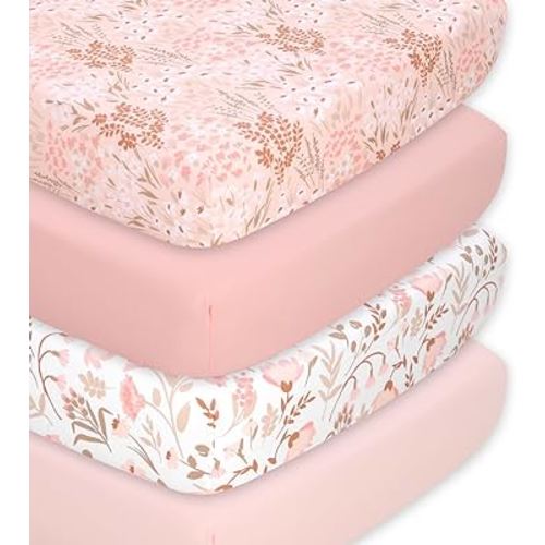 The Peanutshell Baby Girl Crib Sheets, Fitted Baby Sheets for Girls, Fits Standard Size Crib Mattress, 52x28, Vintage Floral Nursery Decor, 4 Pack in Pink, White, Beige