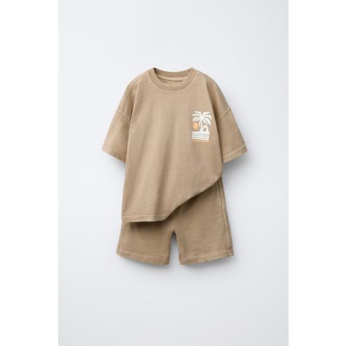 GARMENT DYE PRINT T-SHIRT AND BERMUDA SET - Brown | ZARA United States
