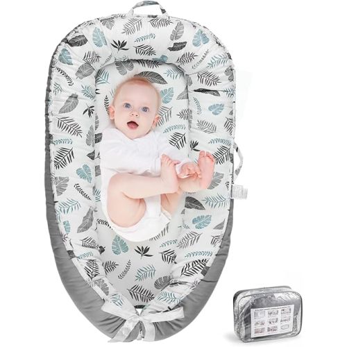 Baby Lounger- Baby Lounger for Newborn 0-24 Months, Portable Infant Lounger, Co Sleeping Soft Baby Nest Lounger, 100% Cotton Breathable, Baby Floor Seat for Home & Travel - Grey Leaves