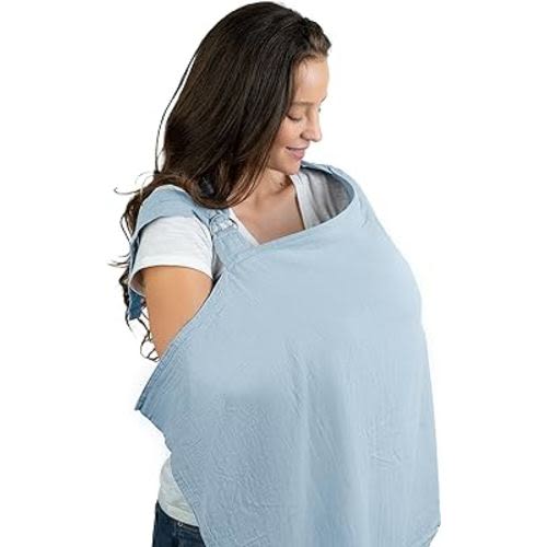 Muslin Nursing Cover for Baby Breastfeeding, Soft & Breathable Cotton Breastfeeding Cover for Mom with Rigid Hoop for Mother Nursing Apron by Comfy Cubs (Sky Blue)