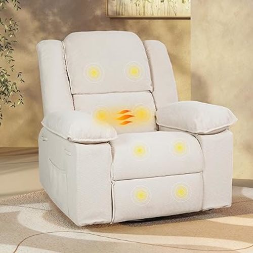 Softa Rocking Chair Nursery, 360° Swivel Rocker Recliner with Massage & Heat, Manual Reclining Chair with USB Port & Side Pocket, Small Glider Recliner for Living Room Apartment, White