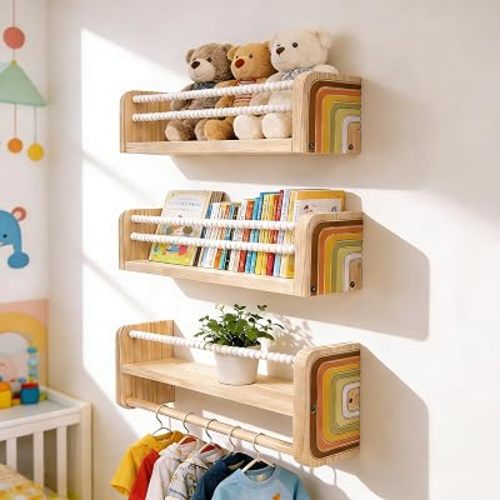 Nursery Bookshelves, Kids Room Decor, Natural Wood, Set of 3, Boho