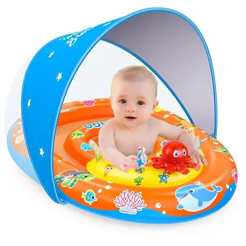 EZIGO Baby Pool Float with Canopy UPF 50+ Sun Protection, Double Air Chambers Infants Swimming Floats with Sound Toys Adjustable Safety Seat Toddler Float for Boys and Girls 6-36 Months