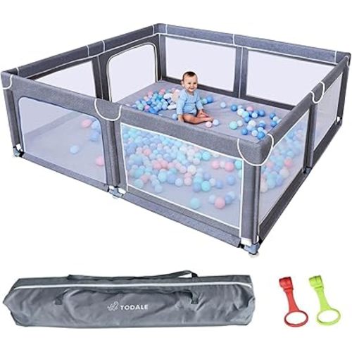 TODALE Baby Playpen 70”×59”- Play Yard with Tear-Resistant Material, Anti-Slip Suckers, Breathable Mesh, Gate - Kids Big Play Pens for Babies and Toddlers, for Sleep & Activity, Baby Fence, Grey