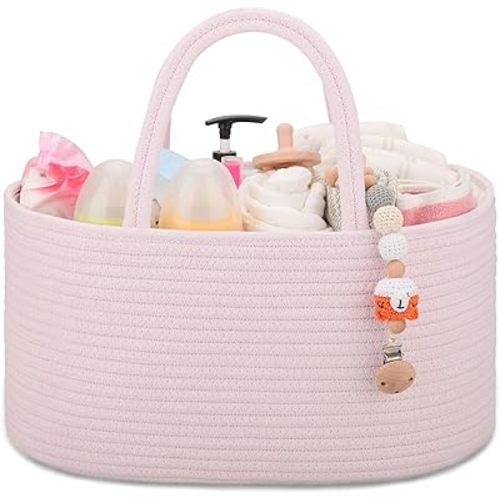 COMSE Baby Diaper Caddy Organizer, Diaper Basket, Baby Car Organizer, Diaper Change Organizer, Gift Baskets Empty, Baby Shower Gifts Newborn Essentials Registry Must Have, Light pink