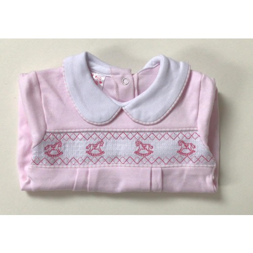 Spanish baby girls smocked all in one sleepsuit rocking horse baby grow personalised outfit