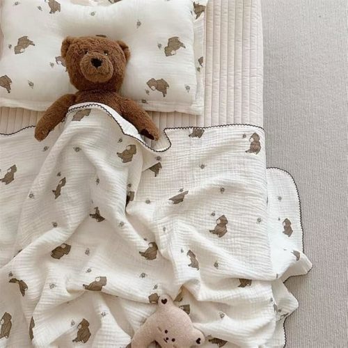 BuLuTu 47"x51" Large Toddler Blanket Muslin Cotton Ultra Soft Toddler Quilt for Little Girls Boys Bear Pattern Baby Blanket Swaddle Blankets for Newborn Infant Nursery Quilts