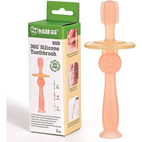 haakaa 360° Baby Toothbrush with Suction Base - Gentle Cleaning for Toddler's Self-Brushing Training, Food-Grade Silicone, Adjustable Safety Shield - Pink (1 Piece)