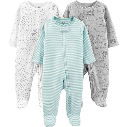 Simple Joys by Carter's Unisex Baby 3-Pack Neutral Sleep and Play - Newborn - Green Stripe/Grey Lion/White Stars