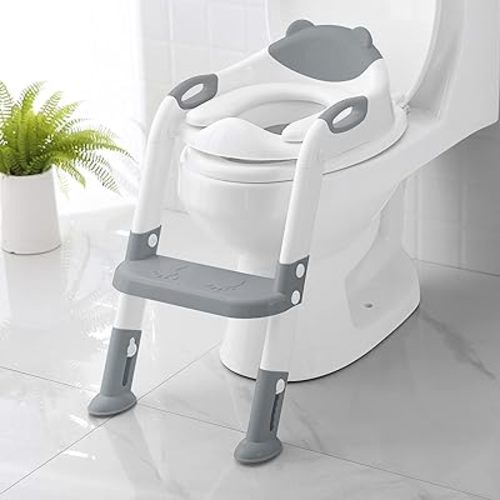 Potty Training Seat with Step Stool Ladder, SKYROKU Potty Training Toilet for Kids Boys Girls Toddlers - Comfortable Safe Potty Seat with Anti-Slip Pads Ladder Grey