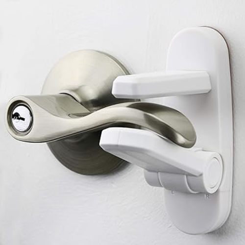 Door Lever Lock (3 Pack) Prevents Toddlers from Opening Doors. 3.25" L * 1.5" W * 4.5" H Easy One Hand Operation for Adults. Durable ABS with 3M Adhesive Backing. Simple Install, No Tools Needed.