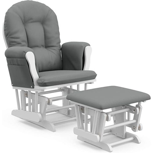 Storkcraft Premium Hoop Glider and Ottoman (White Base, Gray Cushion) – Padded Cushions with Storage Pocket, Smooth Rocking Motion, Easy to Assemble, Solid Hardwood Base