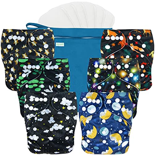 wegreeco Cloth Diapers 6 Pack with 6 Inserts & 1 Wet Bag, Washable Cloth Diapers for Babies, One Size Adjustable Reusable (Starry Sky)