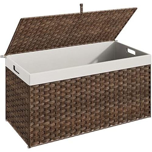 HOOBRO Storage Basket with Lid, 52.8 Gallon (200L) Wicker Basket, Handwoven Blanket Storage Basket with Handles, Metal Frame and Soft Lining, Foldable for Bedroom, Laundry Room, Brown BR220CW01