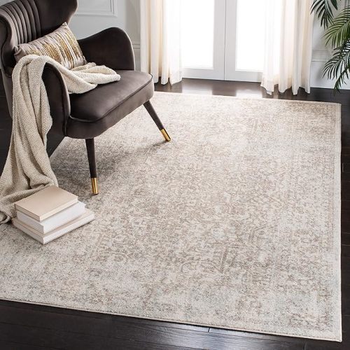 SAFAVIEH Evoke Collection Area Rug - 6'7" x 9', Ivory & Taupe, Oriental Distressed Design, Non-Shedding & Easy Care, Ideal for High Traffic Areas in Living Room, Bedroom (EVK256E)