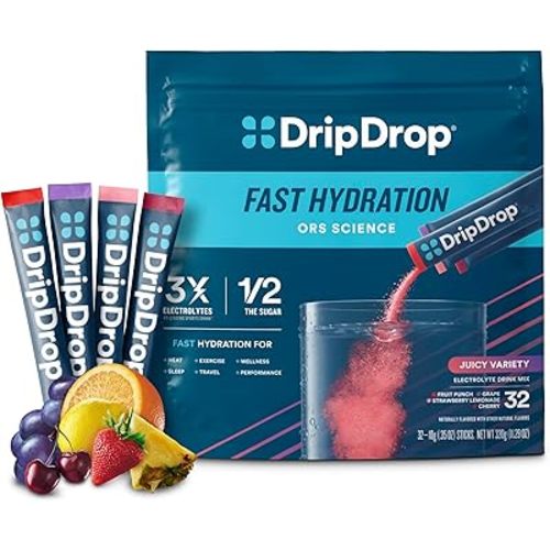 DripDrop Hydration - Juicy Variety Pack - Electrolyte Drink Mix Single Serve Powder Packets - Grape, Fruit Punch, Strawberry Lemonade, Cherry | Non-GMO, Gluten Free, Vegan | 32 Sticks