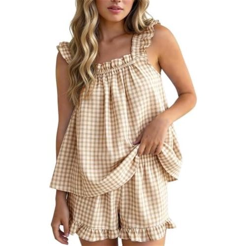 Flygo Womens Gingham Pajama Sets 2 Piece Summer Ruffle Short Pjs