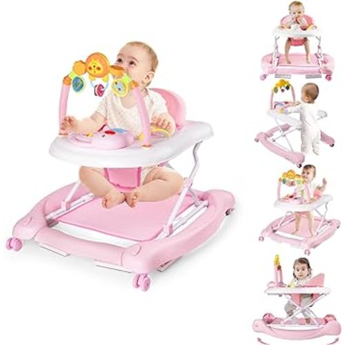 5-in-1 Baby Walker, Baby Walkers for Boys Girls 6-12 months, Foldable Activity Walker, Toddler Infant Walker with Bouncer, Adjustable Height, Removable Footrest, Feeding Tray, Music