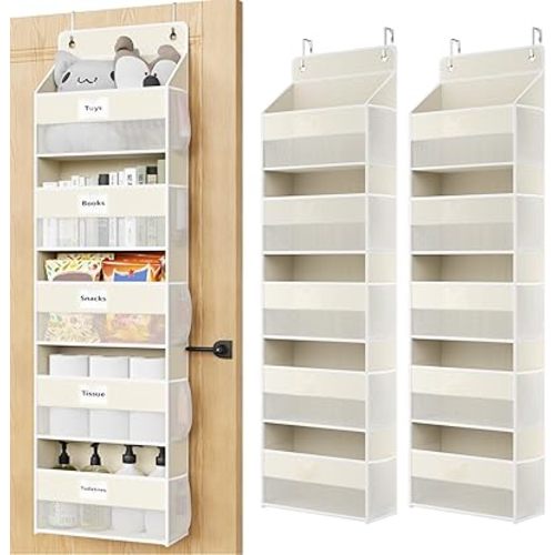 Over The Door Organizer Hanging, 2 Pack 5 Shelf Behind The Doors Storage, Pantry Door Organizer, Closet Organizers for Bedroom and Nursery (Beige)