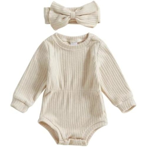 Karwuiio Newborn Baby Girl Fall Outfits Long Sleeve Ribbed Knit Jumpsuit Romper with Headband Infant Clothes Sets