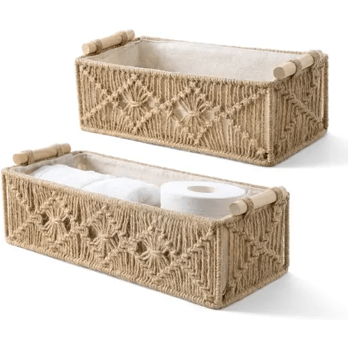 Mkono Macrame Storage Baskets Boho Decor Box Handmade Woven Decorative Countertop Toilet Tank Shelf Cabinet Organizer for Bedroom Livingroom Home, Set of 2, Brown