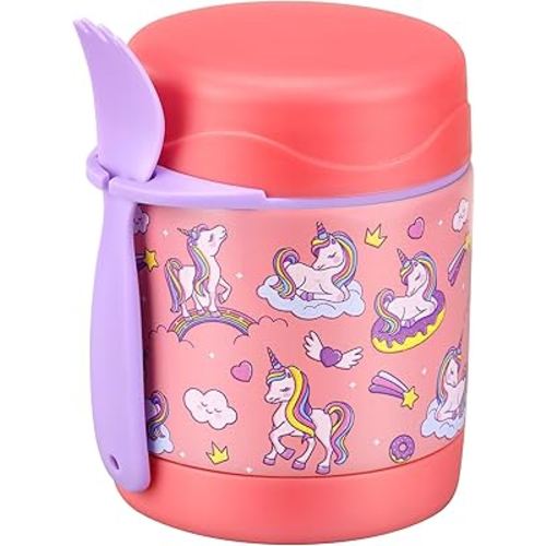 Kids' Lunch Insulated Food Jar with Spoon - 10oz Stainless Steel, Leak Proof, Wide Mouth, Hot Food Thermo for School (Pink, Unique Horse)