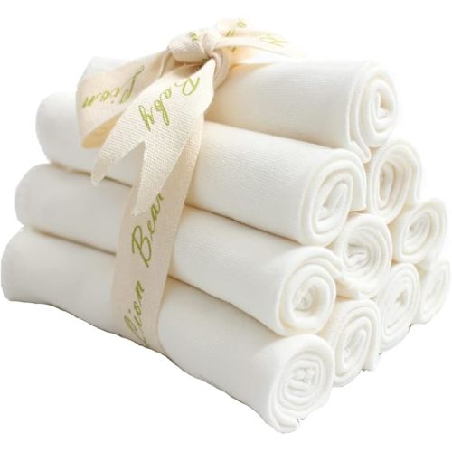 Lion bear 10 - Pack Reusable Colored Organics Baby Washcloths, Soft Absorbent Organic Cotton Washable Saliva Towel Face Wipes, Newborn Bath Face Towel, Natural Baby Wipes for Sensitive Skin (White)