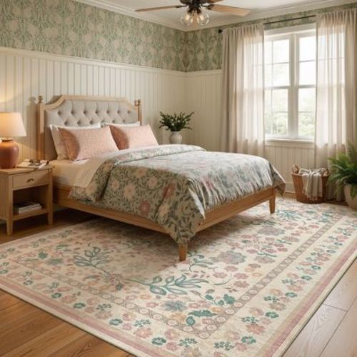 8x10 Ft Floral Rug Pink Non Slip Faux Wool Low Pile Washable for Home Decor