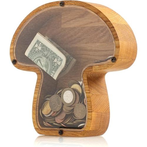 Wooden Mushroom Piggy Bank Money Saving Cash Box - Mushroom Nursery Decor Wood - Custom Engraved Coin Bank for Boys Girls Kids Childrens Baby
