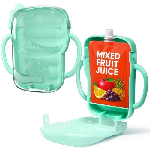 Pouch Holder No Squeeze for Baby Food Drink Boxes, Cute Dinosaur Design, Adjustable Juice Box Holder for Toddlers to Self-Feed, Easy to Grip, Baby Pouch Holder for Apple Sauce Yogurt Fruit