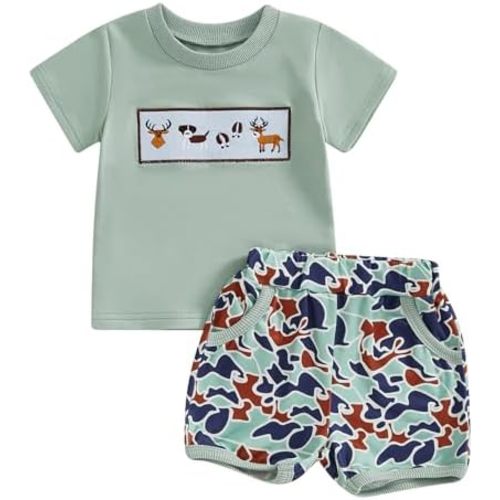 Toddler Baby Boy Hunting Clothes Mallard Duck Short Sleeve T-Shirt Tops Camo Shorts Set 2 Piece Summer Outfits