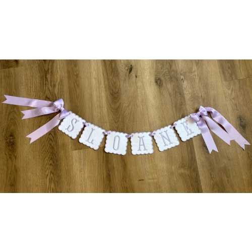 Custom Embroidered Baby Name Banner – Lavender Ribbon, Nursery Decor