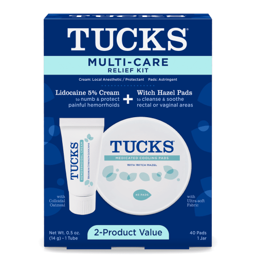 TUCKS® Multi-Care Relief Kit, Immediate Relief From Burning, Itching and Discomfort, Hemorrhoid Pads with Witch Hazel, Hemorrhoid Treatment, 40 Count Witch Hazel Pads & 0.5 oz. Lidocaine Cream